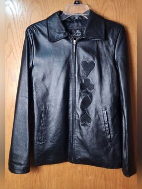 Oscar Piel Black Leather Jacket Card Suit Appliqués Hearts Club Spades Diamond